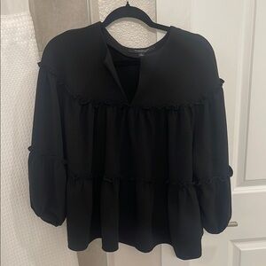 Marc New York Black Boxy Tiered Blouse with Mandarin Collar